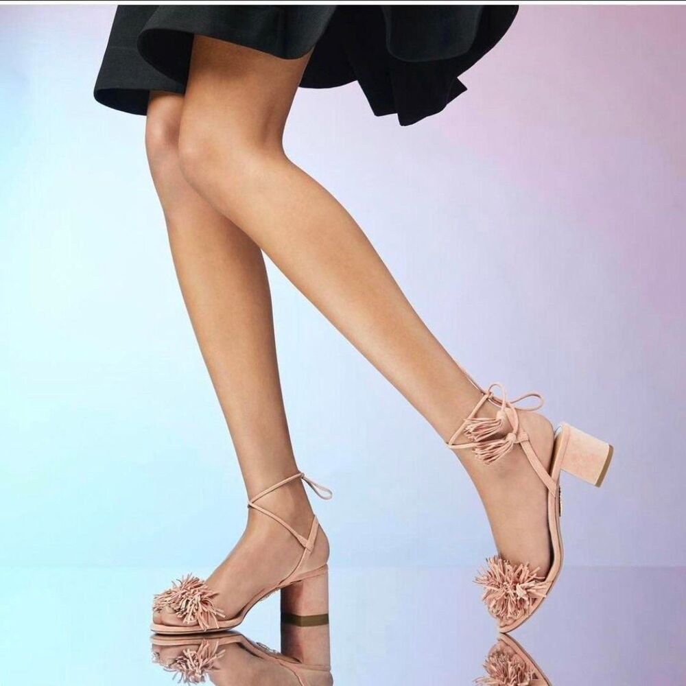 Aquazzura Wild Thing 50 Block Heel Sandals Nude Pink Suede/Tassel Sz 36 (Flaw)